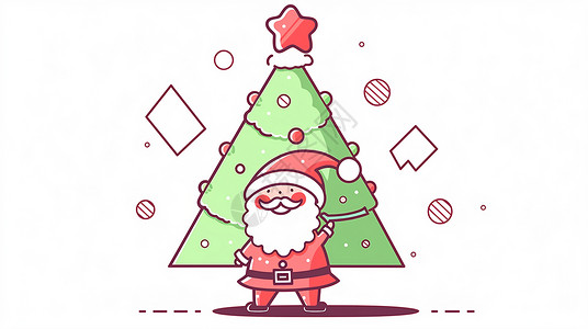 穿红色圣诞服装开心笑的卡通圣诞老人站在圣诞树旁图片