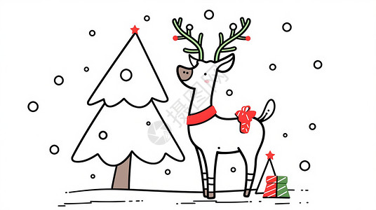 简约可爱圣诞节插画小鹿与卡通圣诞树图片