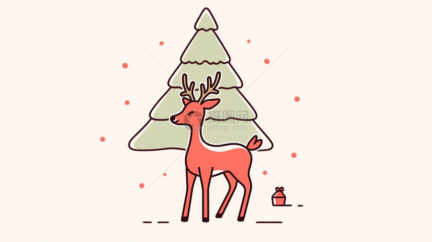 站在圣诞树旁红色喜庆的卡通小鹿图片