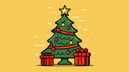 简约礼物盒黄色背景上简约可爱的卡通圣诞树插画