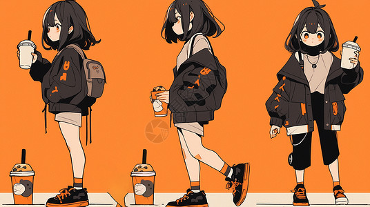 沏上一壶美茶橙色背景上拿着饮料的可爱卡通女孩多角度插画