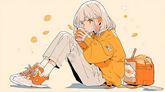 小女孩喝橙汁穿橙色外套坐在地上喝橙汁的可爱卡通小女孩插画