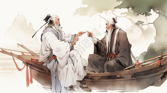 坐在船上两位白发古风卡通老人背景图片