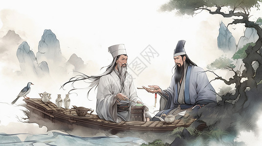 中国水墨松树两位坐在松树下的古风卡通老者插画
