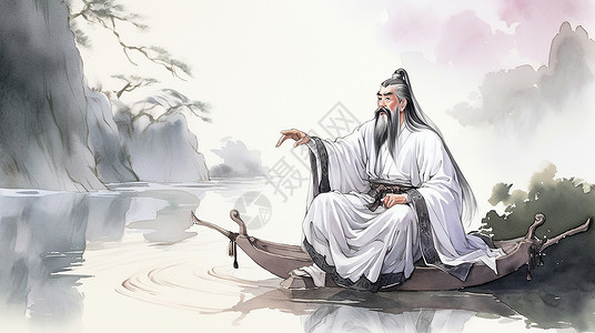交谈男人坐在湖边的白衣卡通老者指向远方插画