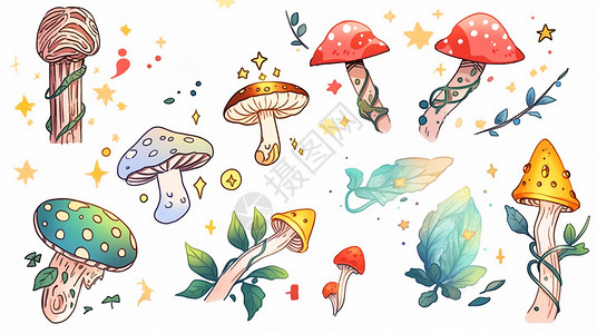 水采蘑菇漂亮可爱的水彩风卡通蘑菇插画