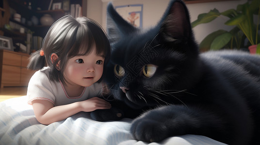 与黑猫一起趴在床上的卡通小女孩图片
