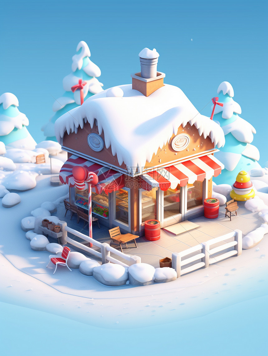 冬天被雪覆盖的卡通小房子图片