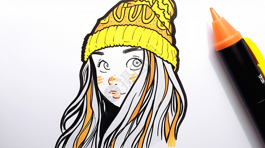 手绘戴着黄色毛线帽的卡通女孩图片