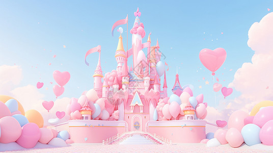 立体城堡粉色梦幻的卡通城堡与气球插画