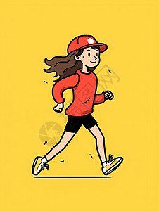 戴红色棒球帽跑步的卡通小女孩背景图片