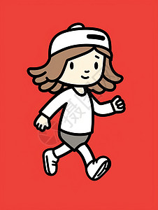 跑步线条开心跑步的简约粗线条卡通小女孩插画