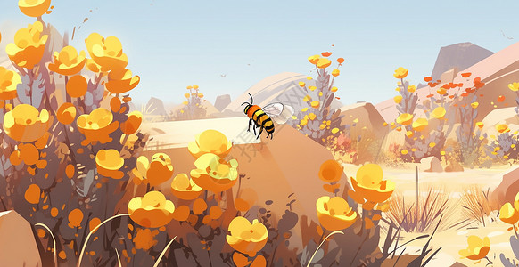 花丛中的小蜜蜂一只可爱的卡通小蜜蜂飞在花丛中插画