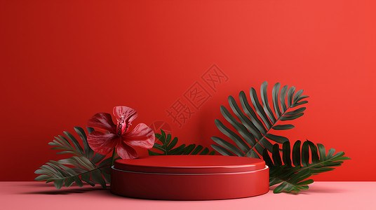 购物有好礼大红色有植物装饰的立体卡通展台设计图片