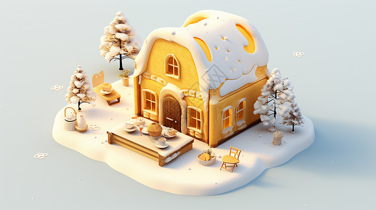 金黄色的卡通小房子被雪覆盖背景图片