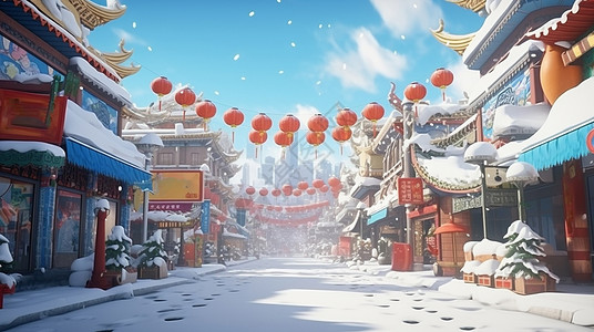 商业街设计冬天大雪中繁华的卡通商业街插画