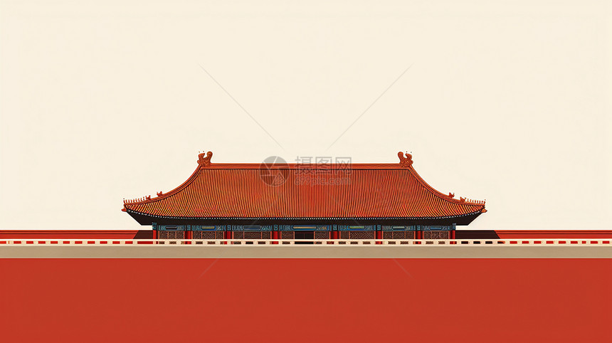 简约喜庆的红墙古风卡通建筑图片