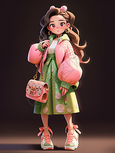 背粉色包的女孩穿粉色外套绿色半身裙的时尚年轻卡通女孩插画