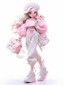背粉色包的女孩穿粉色毛衣手提着包时尚漂亮的年轻卡通女孩插画
