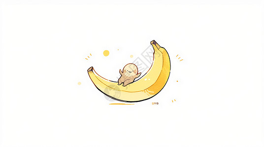坐在黄色大大的香蕉上开心的卡通小动物背景图片