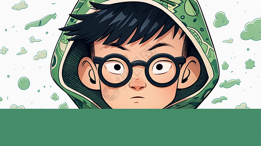 戴绿色帽子黑框眼镜的卡通男青年背景图片