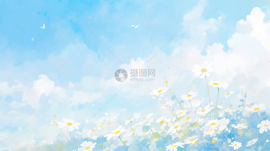蓝天白云下白色卡通小花图片