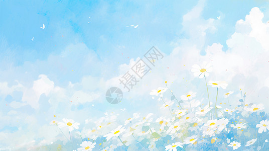 蓝天白云下白色卡通小花背景图片