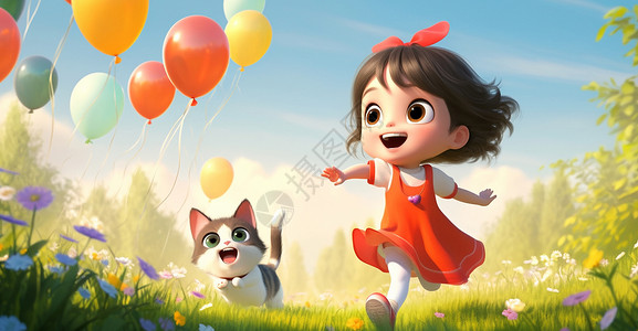 气球红色穿红色裙子的卡通小女孩与卡通猫一起奔跑在草地上插画