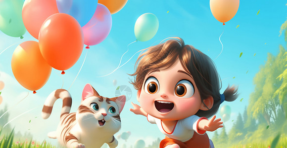 小女孩与气球可爱的卡通小女孩与宠物猫一起玩耍嬉戏插画