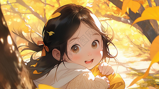 大落叶在树林中开心笑的大眼睛卡通小女孩插画