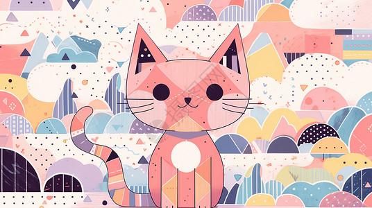 几何拼接图形可爱的卡通小花猫背景图片
