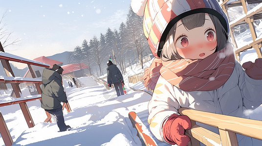 雪心在雪地中小心走路的的卡通小女孩插画