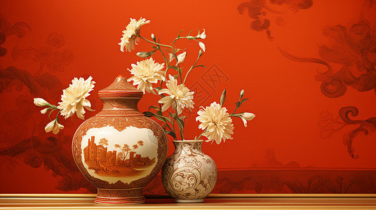 红色花瓶喜庆的红色背景前放着两个花瓶插画