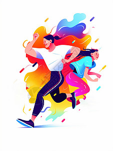 卡年轻人开心奔跑运动的扁平风男青年与女青年扁平风插画