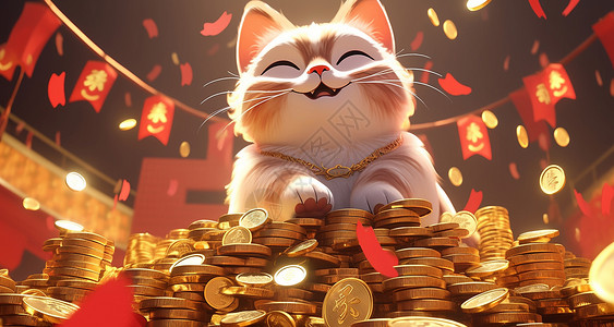 卡通金子站在金币堆上可爱的卡通招财猫插画