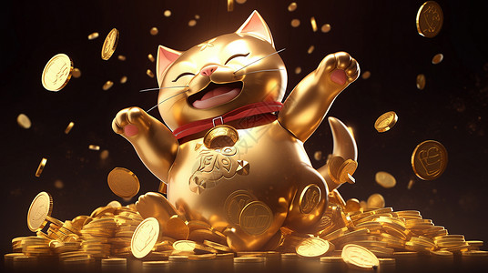 坐在金币堆上全金属卡通招财猫背景图片