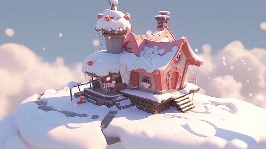 雪中山顶上喜庆红色卡通小房子背景图片