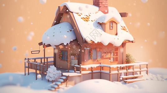 雪中温馨可爱的卡通小房子背景图片