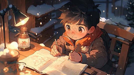 寒冷的冬天趴在台灯下写作业的卡通小男孩背景图片
