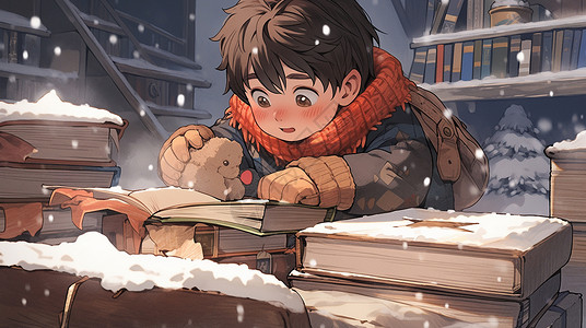 冬天戴着红色围巾开心看书的卡通男孩背景图片