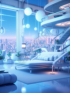未来酒店科技未来感的房间内有一个床插画