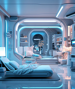 科技温馨时尚温馨的卡通卧室房间充满着未来感插画
