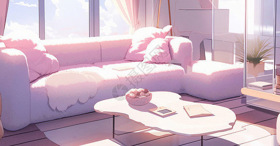 阳光照进放着淡粉色卡通沙发的卡通客厅背景图片