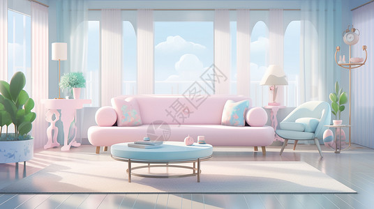 简约时尚的卡通客厅有粉色沙发和淡蓝色沙发背景图片