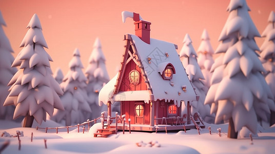 雪屋大雪中红色温馨的卡通小木屋插画