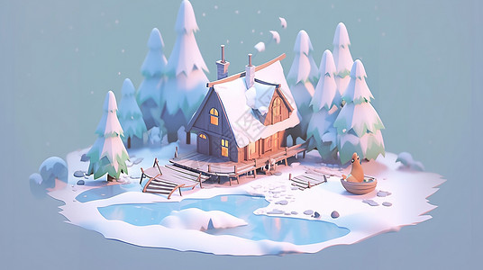 冬天被高高的树围绕的可爱卡通小房子背景图片