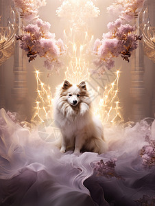 在梦幻宫殿中的一只可爱的长毛卡通宠物狗背景图片