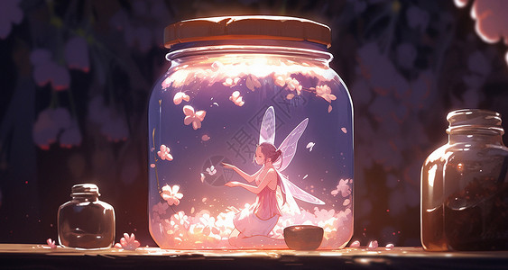 夜晚在透明发光星星瓶中的蝴蝶精灵卡通女孩背景图片