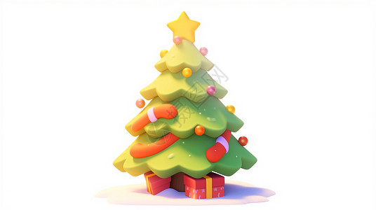 红色立体星星树下放着红色礼物盒的立体卡通圣诞树插画