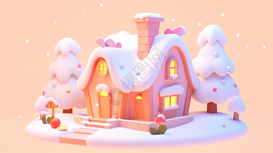 圣诞烟囱可爱的卡通小木屋亮着灯背景图片